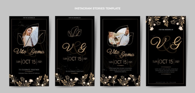 Vecteur gratuit histoires instagram de mariage d'or de luxe réalistes