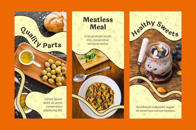 Histoires instagram de plats végétariens plats dessinés à la main