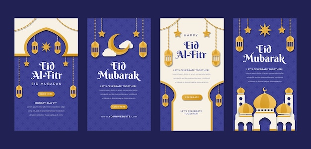 Vecteur gratuit histoires instagram de style papier eid al-fitr
