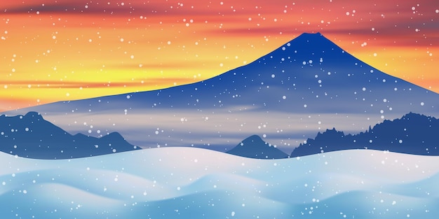 Hiver au japon, mont fuji, fantaisie sur le thème du paysage de montagne, coucher de soleil, illustration vectorielle