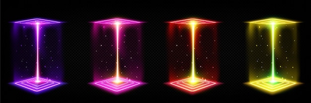 Vecteur gratuit hologramme 3d carré effet néon portail de jeu technologie métaverse cube cadre de scène pour le concept de téléport scifi en rose jaune violet et rouge interface vr abstraite vecteur magie hud porte