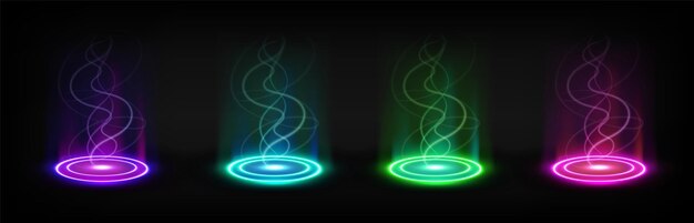 Hologramme d'effet de lumière circulaire portail magique lumineux brume d'énergie dans l'anneau de téléportation futuriste technologie Hud fantasy plate-forme ronde avec projecteur et puissance de vapeur en spirale tournoi Aura lueur orbite scène de trou