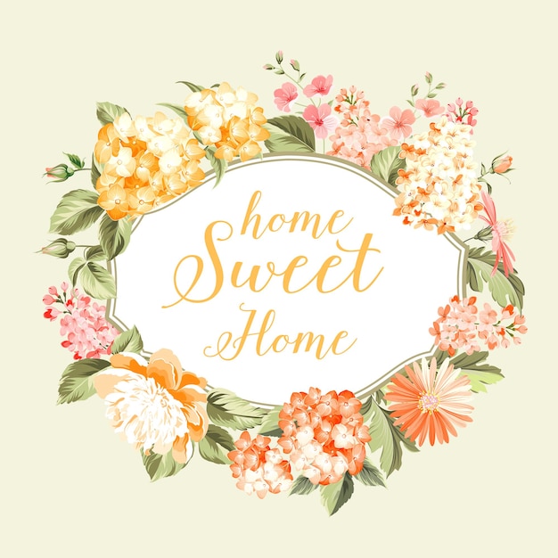 Vecteur gratuit home sweet home. guirlande de fleurs pour carte d'invitation. modèle de carte d'invitation avec fleurs épanouies et texte personnalisé isolé sur blanc. fleurs roses sur fond blanc. illustration vectorielle.