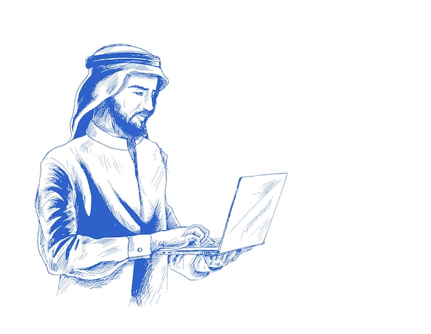 Homme D'affaires Arabe Dans Le Concept D'entreprise Travaillant Sur Un Ordinateur Portable, Arrière-plan Vectoriel De Croquis Dessinés à La Main.