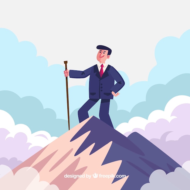 Vecteur gratuit homme d'affaires avec une canne sur le sommet d'une montagne