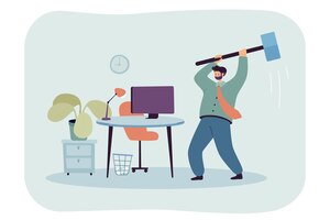 Homme d'affaires en colère cassant l'ordinateur de bureau avec un gros marteau