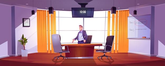 Homme D'affaires Dans La Salle De Conférence Pour Réunions, Présentation D'équipe, Discussion Ou Formation. Illustration De Dessin Animé De Vecteur De L'homme Dans La Salle De Conférence Dans Le Bureau De L'entreprise Avec Table, Chaises, écran Et Tableau