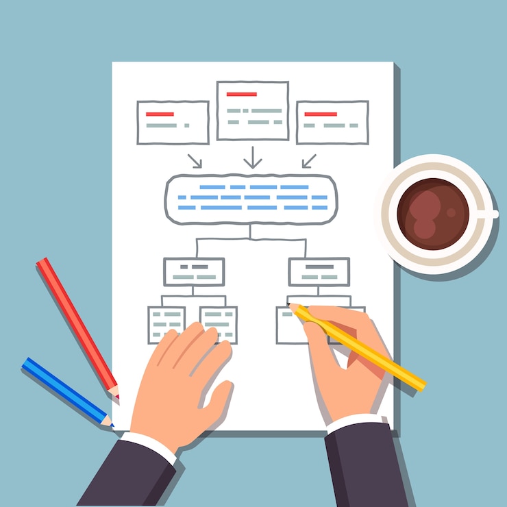 Vecteur gratuit homme d&#39;affaires dessinant un plan de bloc-diagramme