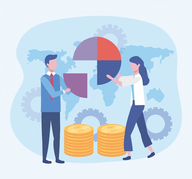 Vecteur gratuit homme d'affaires et femme d'affaires avec diagramme et pièces de monnaie à engrenages