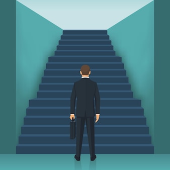 L'homme d'affaires monte les escaliers. ambition commerciale. succès du concept. échelle de carrière. attendre jusqu'à. conception plate d'illustration vectorielle. isolé sur fond. croissance au travail. route vers l'avenir.