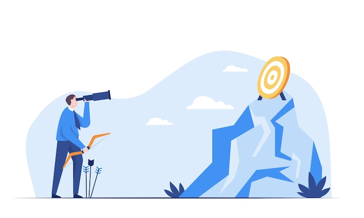 Vecteur gratuit homme d'affaires regardant la caméra sur la cible c'est comme une entreprise à la recherche d'un moyen de réussir concept d'illustration d'entreprise vectorielle