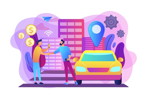 Vecteur gratuit homme d'affaires avec smartphone loue une voiture dans la rue via un service d'autopartage. service d'autopartage, location courte durée, meilleur concept alternatif de taxi. illustration isolée violette vibrante lumineuse