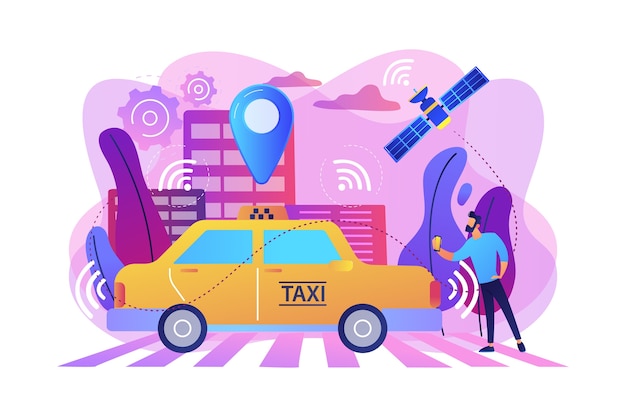 Homme D'affaires Avec Smartphone Prenant Un Taxi Sans Conducteur Avec Capteurs Et Broche De Localisation. Taxi Autonome, Taxi Autonome, Concept De Service De Voiture à La Demande. Illustration Isolée Violette Vibrante Lumineuse