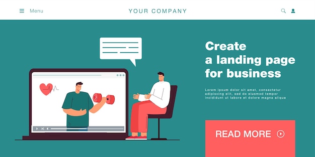 Vecteur gratuit homme assis sur une chaise donnant des conseils en ligne. homme de formation d'entraîneur qui s'exerce avec l'illustration de vecteur plat d'haltère. entraînement en ligne, concept de style de vie pour bannière, conception de site web ou page web de destination