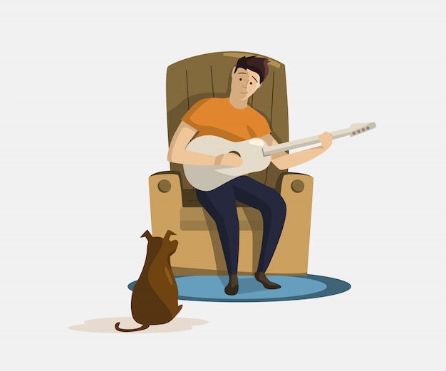 Homme Assis Dans Un Fauteuil Et Jouer De La Guitare Pour Vecteur De Chien