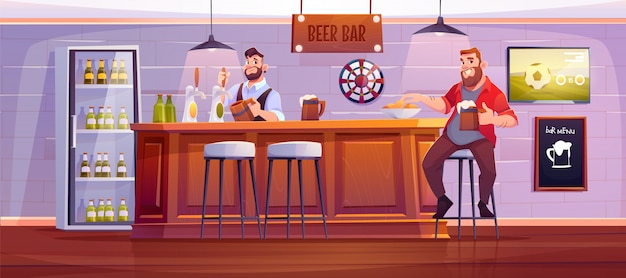 Vecteur gratuit homme au bar à bière. visiteur au pub assis sur un tabouret haut au bureau en bois avec barman versant une boisson à la tasse. illustration de dessin animé