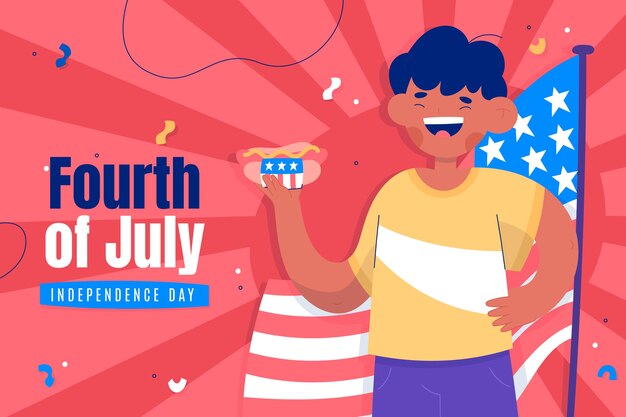 Vecteur gratuit homme dessiné à la main avec fond de hot-dog du 4 juillet