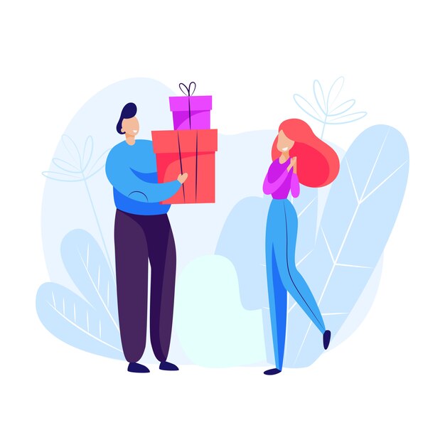 Homme donnant des cadeaux à une femme