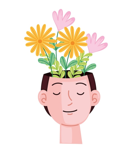 Vecteur gratuit un homme avec du cerveau et des fleurs.