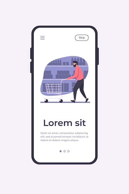 Vecteur gratuit homme, faire du shopping dans un supermarché. chariot roulant client le long des allées illustration vectorielle plane. épicerie, achat de concept de nourriture pour bannière, conception de site web ou page web de destination