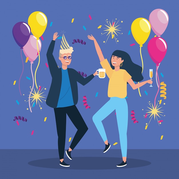 Homme et femme dansant avec décoration de confettis