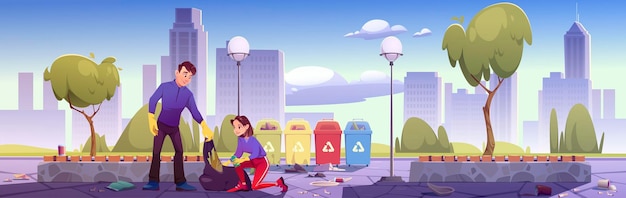 l'homme et la femme ramassent les ordures dans le jardin public et les mettent dans des conteneurs de recyclage illustration de dessin animé