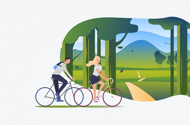 Vecteur gratuit homme et femme à vélo avec paysage verdoyant en arrière-plan