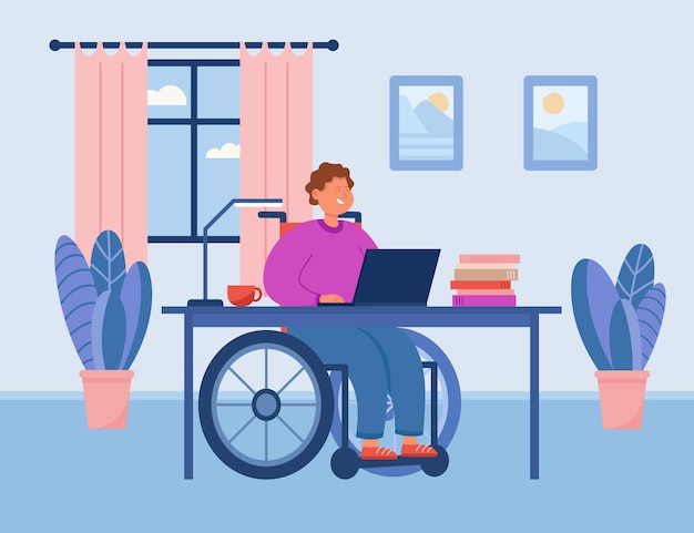 Vecteur gratuit homme handicapé en fauteuil roulant travaillant à l'ordinateur à la maison