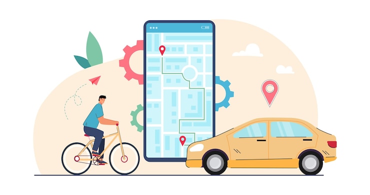 Vecteur gratuit homme sur l'itinéraire de suivi de vélo sur l'écran du smartphone. personne utilisant une application mobile avec carte interactive, emplacement de la broche pour le sport, les voyages et la livraison illustration vectorielle plane. concept de services de navigation