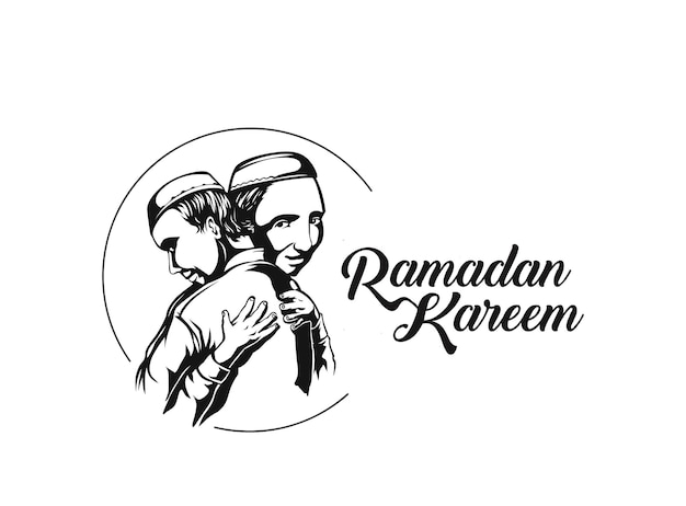 Vecteur gratuit un homme musulman de l'aïd s'embrasse et se souhaite à l'occasion avec le texte du ramadan kareem