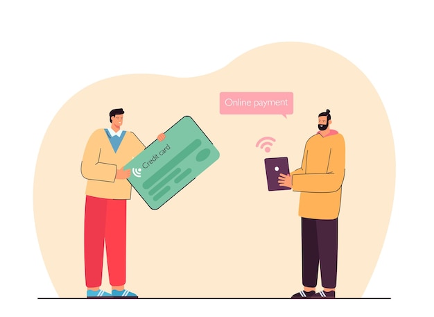 Homme payant en ligne via une tablette et une personne détenant une énorme carte de crédit. Méthodes de paiement illustration plate