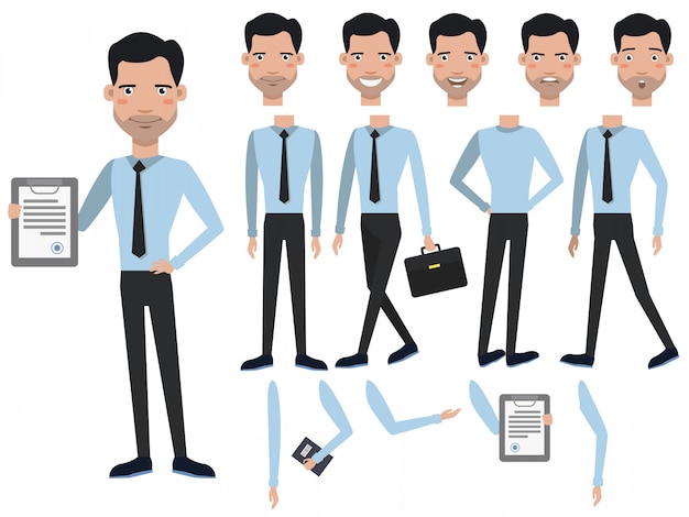 Homme Avec Personnage De Contrat Avec Différentes Poses, émotions