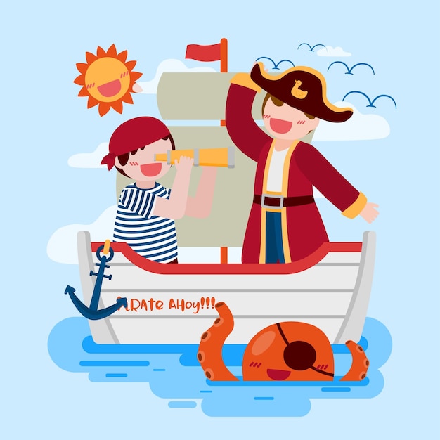 Homme pirate et garçon de salade utilisent des jumelles sur le bateau et le calmar dans la mer, dessin en personnage de dessin animé