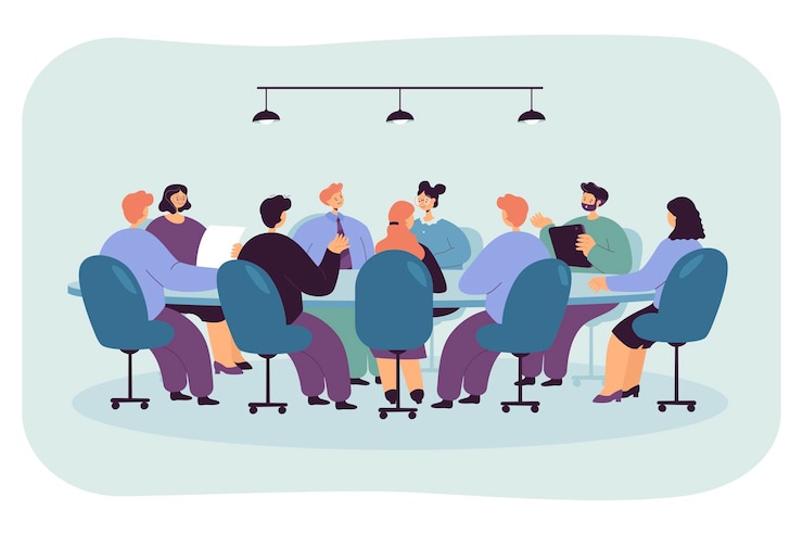 Vecteur gratuit homme politique assis à table ronde dans la salle de conférence. conseil d'administration avec le pdg tenant une discussion formelle dans l'illustration vectorielle plane de la salle de bureau. autorité commerciale, chef d'entreprise, concept de stratégie de planification