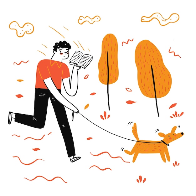 Vecteur gratuit l'homme qui marche le chien lisant un livre préféré, style doodle illustration