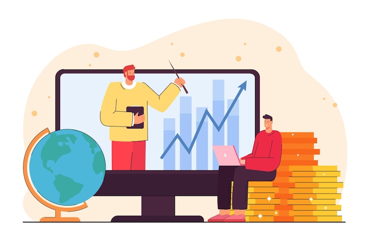 Vecteur gratuit homme regardant une vidéo sur la littératie financière pendant le verrouillage. personne de sexe masculin assis sur des pièces d'or illustration vectorielle plane