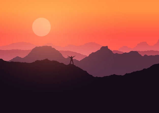 Vecteur gratuit l'homme se tenait sur le paysage de montagne au coucher du soleil