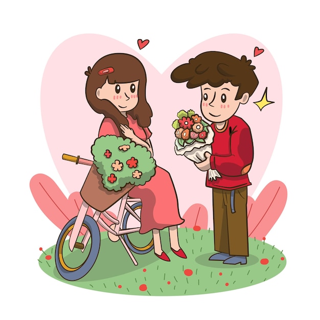 Vecteur gratuit homme tenant des fleurs proposant à la femme de l'épouser heureux concept de saint valentin