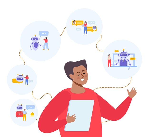 Homme utilisant des services de chatbot posant des questions et recevant des réponses illustration vectorielle de composition plate