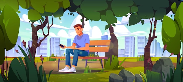 Vecteur gratuit l'homme utilise un téléphone portable assis sur un banc dans le parc de la ville