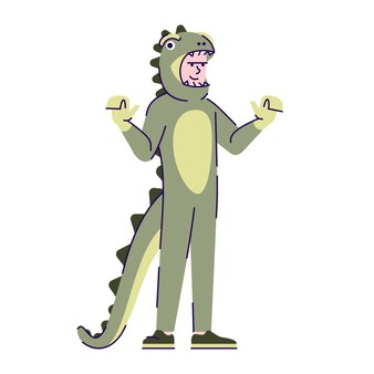 Homme vêtu d'une illustration vectorielle plane de costume de dinosaure. personnage de dessin animé avec des éléments de contour isolés sur fond blanc. tenue de carnaval dino. personne s'habillant comme un animal pour halloween