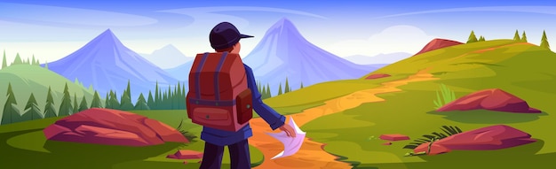 Vecteur gratuit homme voyage et explore le vecteur d'aventure en montagne personnage touristique trekking et découverte de la nature avec sac à dos sur le chemin sauvage illustration de paysage de dessin animé jeune homme explorateur alpinisme