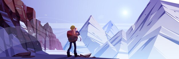 L'homme voyageur tire sur les montagnes d'hiver sur un appareil photo. Voyage de randonnée, aventure. Touriste avec support de sac à dos au paysage rocheux enneigé avec des pics. Loisirs extrêmes Illustration vectorielle de dessin animé