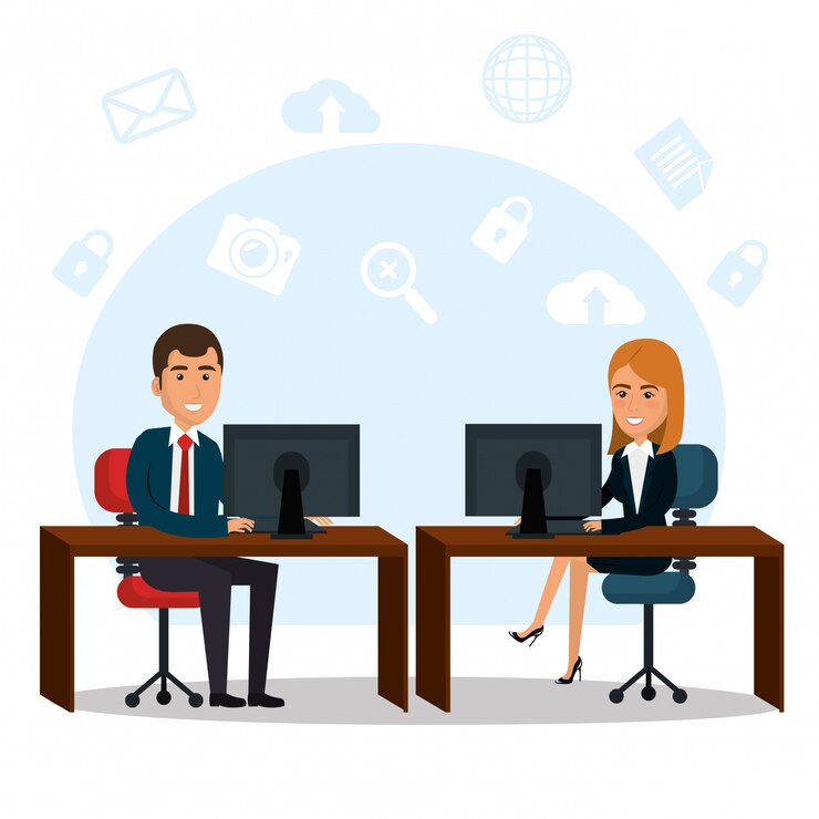 Vecteur gratuit hommes d'affaires au bureau avec des icônes de marketing par courriel