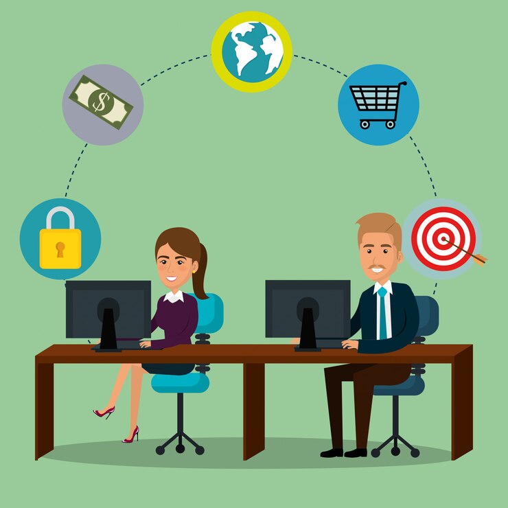 Vecteur gratuit hommes d'affaires au bureau avec des icônes de marketing par courriel