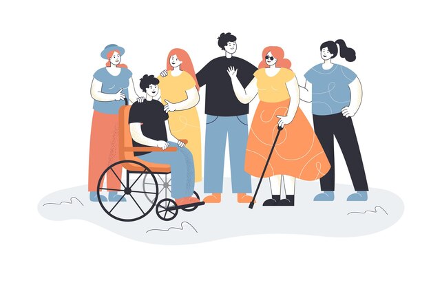 Hommes et femmes accueillant des personnes handicapées. Groupe de personnes rencontrant un personnage féminin aveugle et un homme en fauteuil roulant.