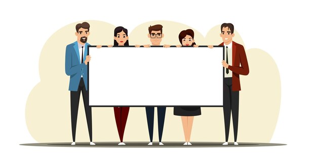 Hommes et femmes d'affaires tenant des professionnels de la bannière vierge avec panneau d'affichage blanc Affiche dans les mains copiez l'espace jeunes travailleurs prospères avec panneau d'affichage
