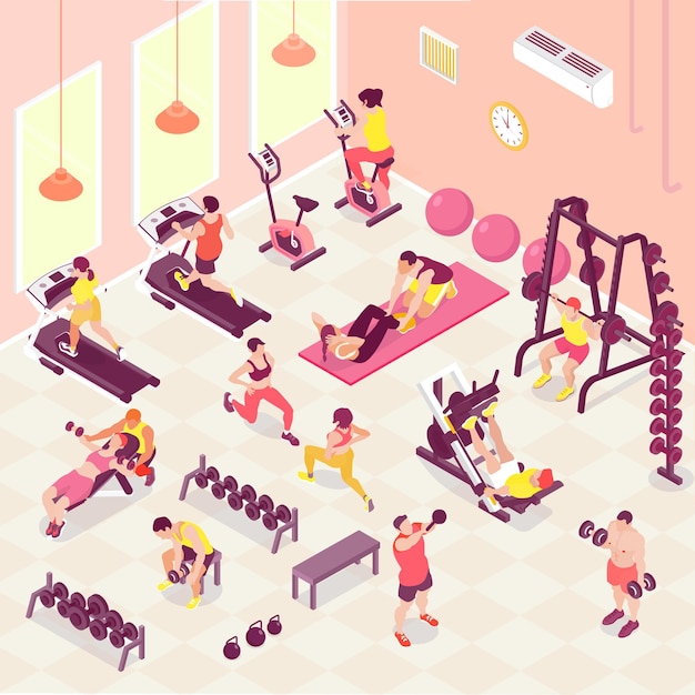 Vecteur gratuit les hommes et les femmes faisant des exercices de cardio et de musculation en salle de gym