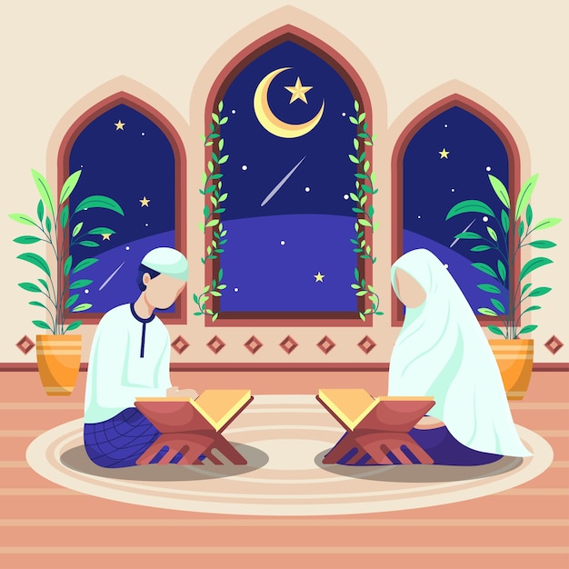 Vecteur gratuit des hommes et des femmes islamiques s'assoient et récitent le coran à l'intérieur de la mosquée. à l'extérieur de la fenêtre de la mosquée se trouvait un croissant de lune et des étoiles.