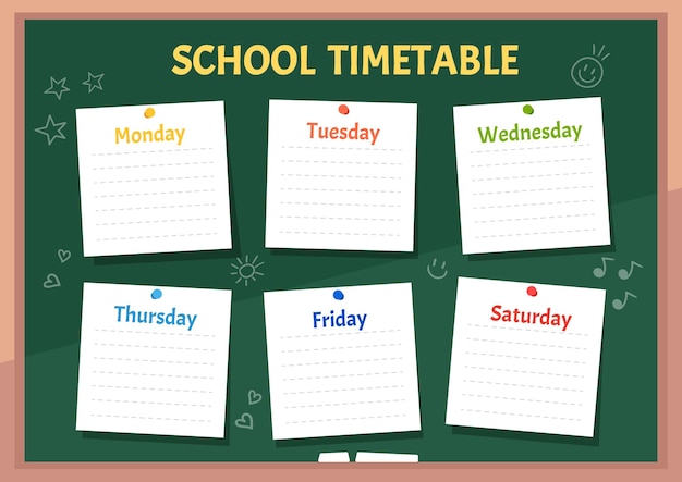 Horaire scolaire horaire des cours sur le tableau vert de la classe avec des notes autocollantes pour toutes les matières